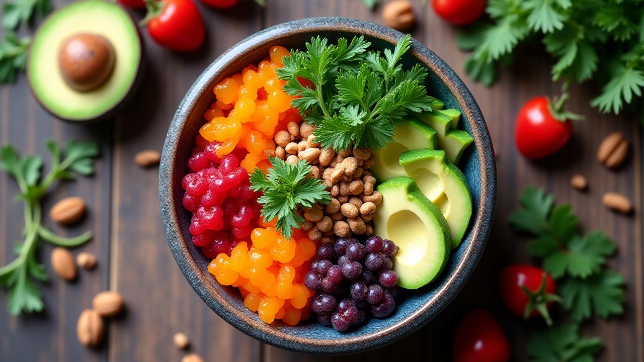 Un tavolo splendidamente imbandito con una varietà di piatti sani e colorati, come una Buddha bowl fresca e invitante, verdure croccanti e frutta vivida.