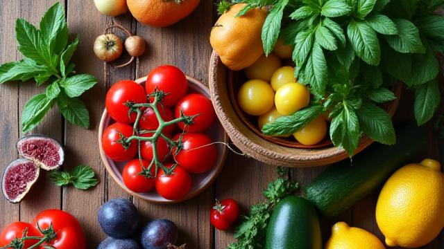 Cesto di frutta e verdura fresca su un tavolo di legno