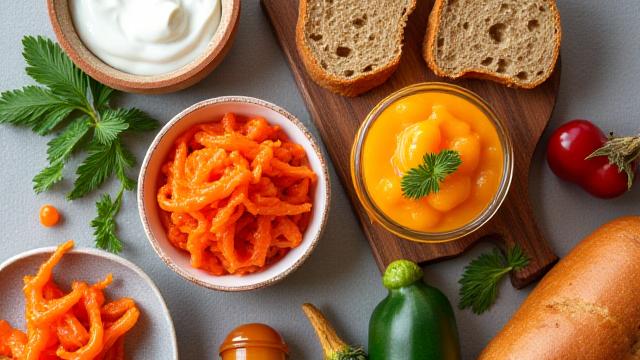 Primo piano di una selezione di cibi fermentati sani come kimchi, kefir e crauti.