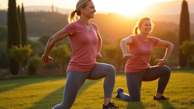 Un uomo e una donna di mezza età che praticano esercizi di allenamento funzionale all'aperto.