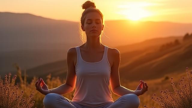 Una donna serena che medita all'alba in un campo fiorito, con luce soffusa.