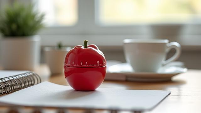 Una sveglia da cucina a forma di pomodoro su una scrivania ordinata con un quaderno.