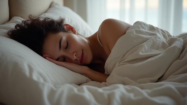 Una persona che dorme pacificamente in una camera da letto accogliente e buia.