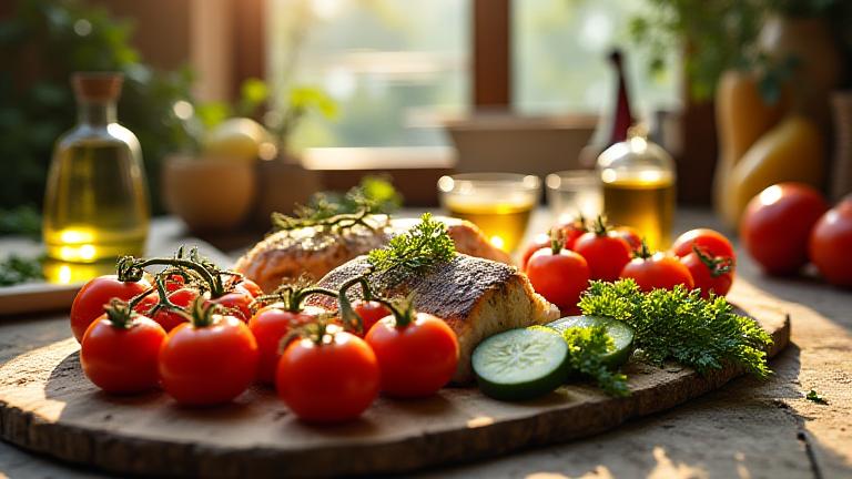 Un piatto colorato di cucina mediterranea con verdure fresche, pesce e olio d'oliva in un ambiente soleggiato