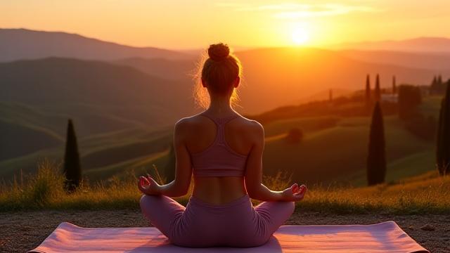 Persona in meditazione all'aperto, al tramonto