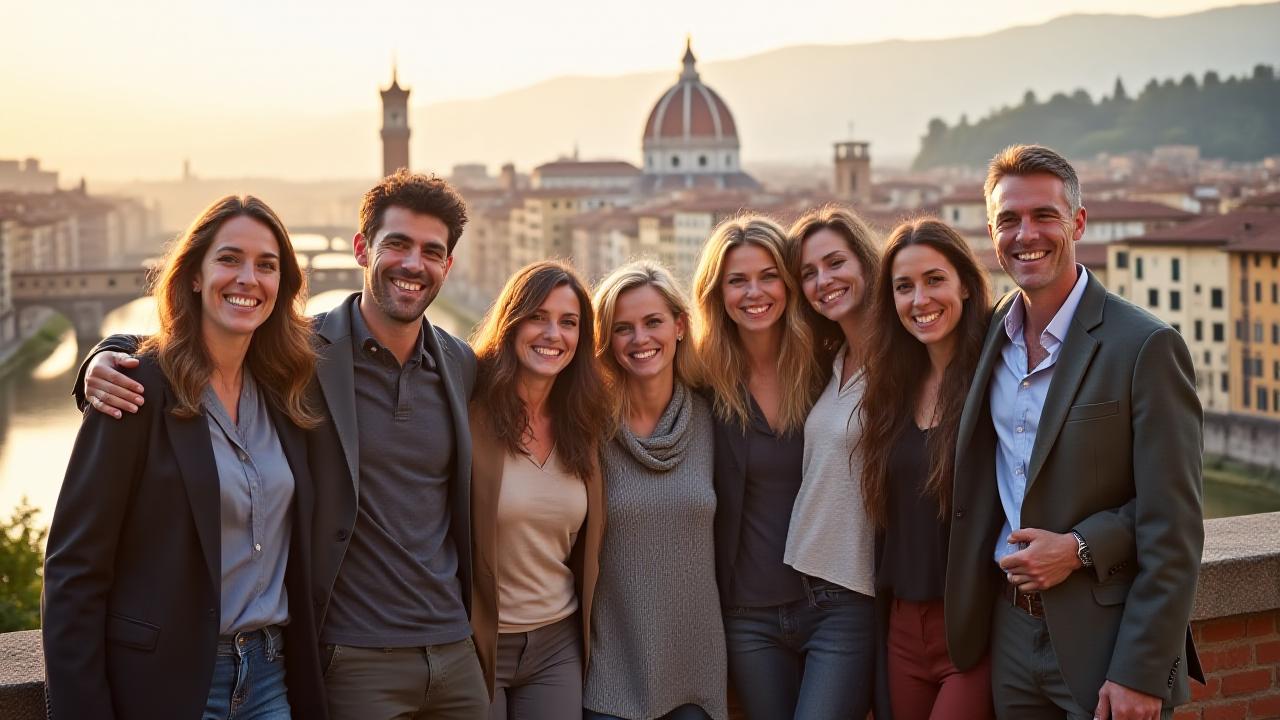 Team Rifugio Alato sorridente, con lo sfondo di Firenze al tramonto.