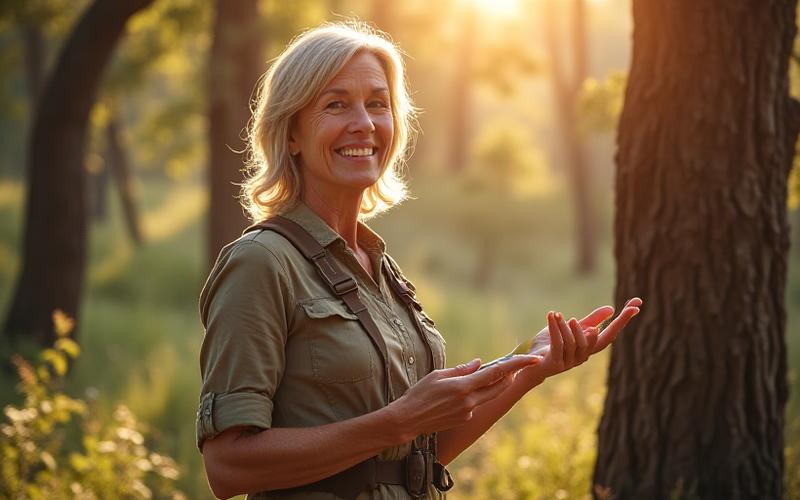 Guida certificata di Forest Bathing che indica dolcemente un albero antico in Toscana.