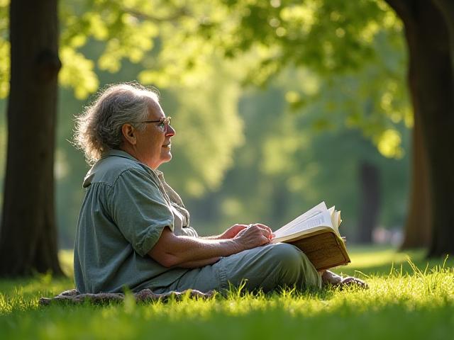 Persona rilassata che legge un libro in un parco verde, senza smartphone.