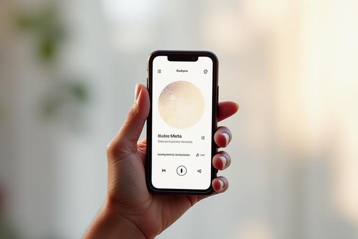 Mockup dello schermo di uno smartphone che mostra l'interfaccia elegante e intuitiva dell'app 'Rifugio Alato Medita' con una sessione di meditazione attiva