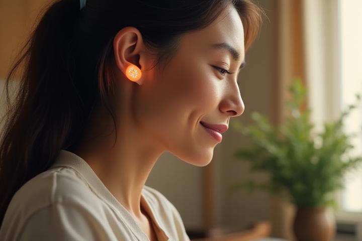 Persona serena che utilizza un sensore di biofeedback sul dito collegato a un'applicazione sullo smartphone, con uno sfondo morbido e naturale